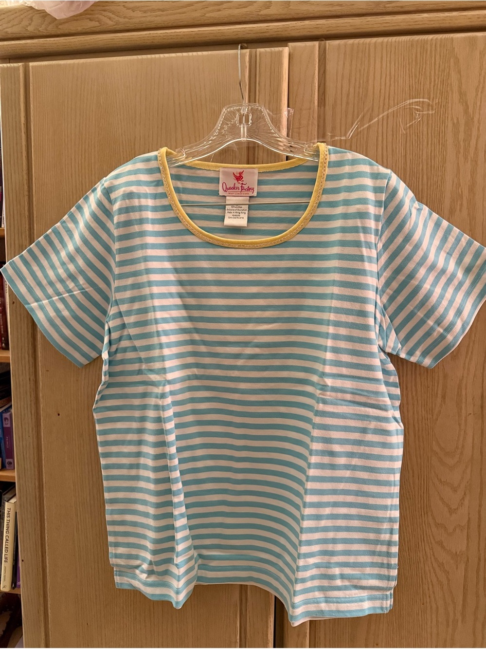 Quacker Factory Aqua & White Striped Short Sleeve Tee with Yellow Neckline